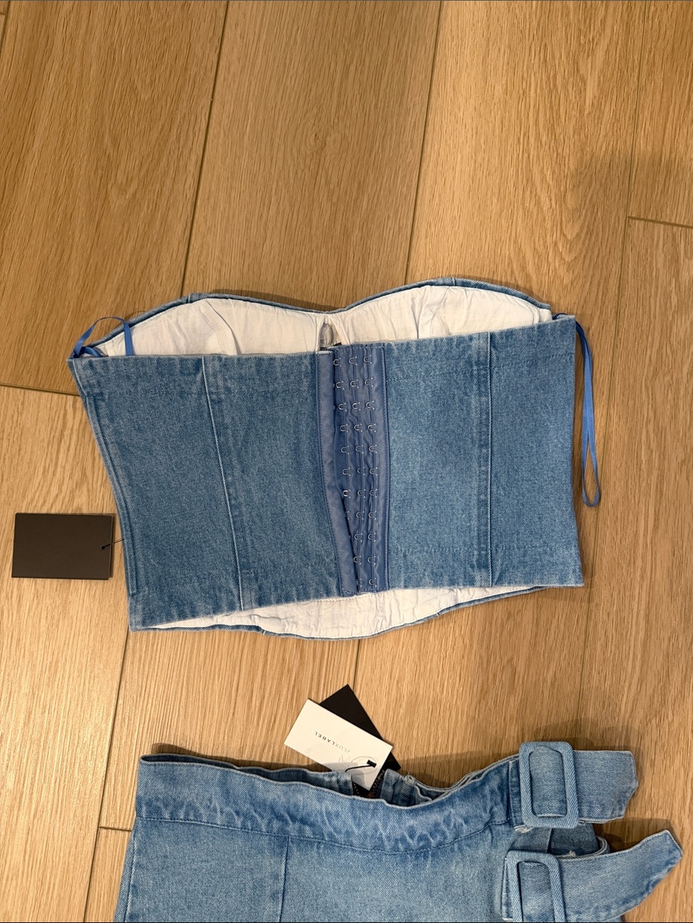 JLUXLABEL Light Blue Denim Wrap Midi Skirt/ trench coat and corset Size small - Picture 6 of 11